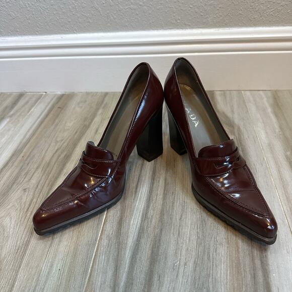 VTG Prada Block Heel Burgundy Red Loafers 8.5/38.5 Heels Pumps Twee Retro Goth - Picture 10 of 14